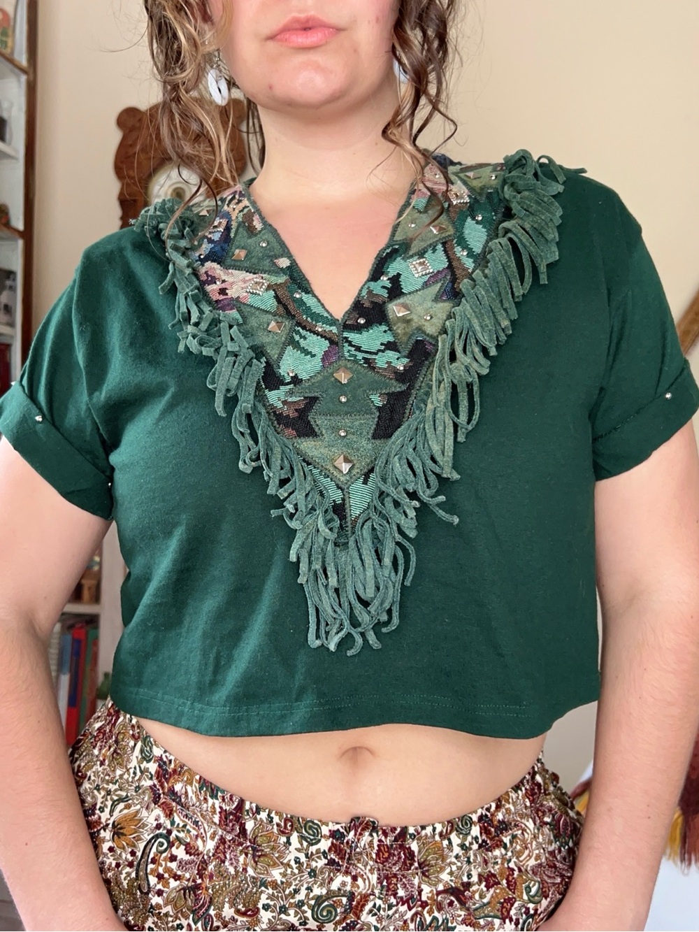 Vintage 80s Green Suede Fringe Top Cropped Aztec Tapestry Studded Western - Picture 1 of 11